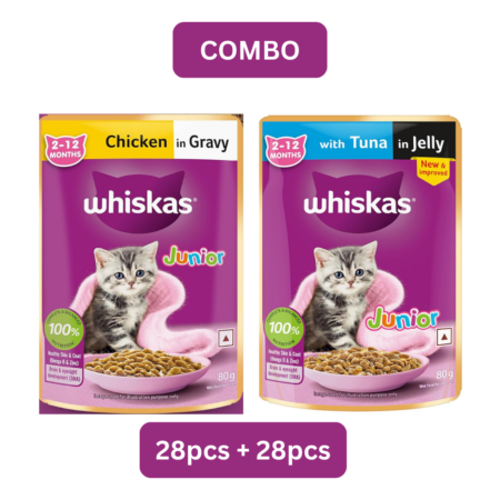 Whiskas Wet Cat Food Combo For Kitten | Chicken in Gravy + Tuna in Jelly | (28 pcs + 28 pcs) 80 gm